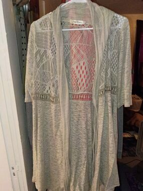 Simply Couture Beige Crochet Openwork Cardigan with Coral Underlay